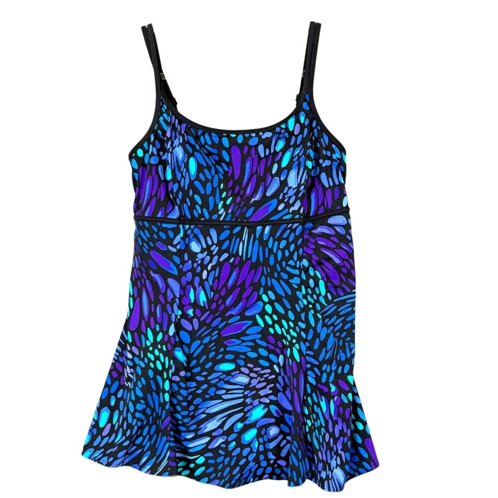 Great Lengths Empire Swim Dress 1pc Swimsuit Tummy Control Size 12 Purple Blue